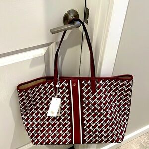 Brand new red geo logo with stripe Tory Burch handbag.